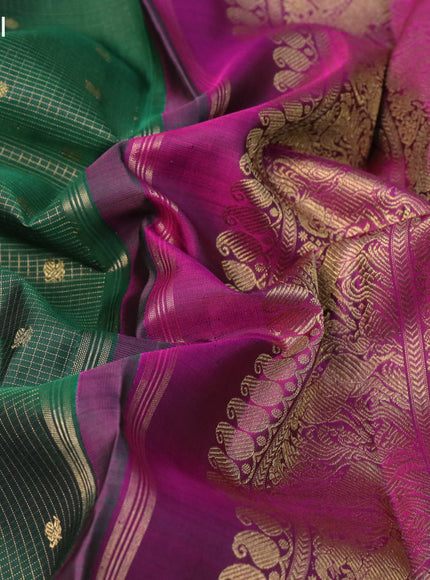 Pure kanchipuram silk saree dark green and purple with allover small zari checks & annam buttas and zari woven border