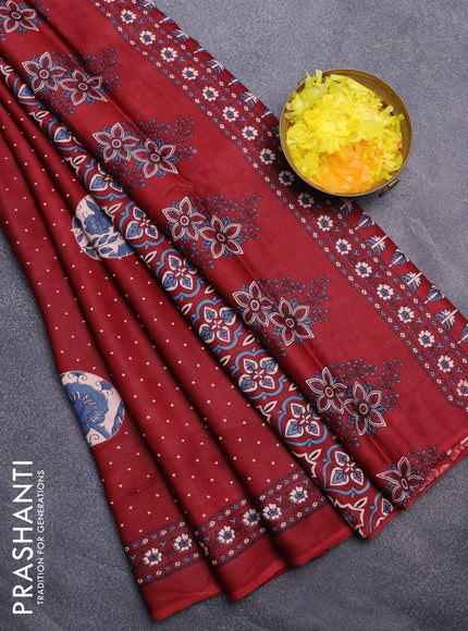 Modal silk saree maroon with allover prints and printed border