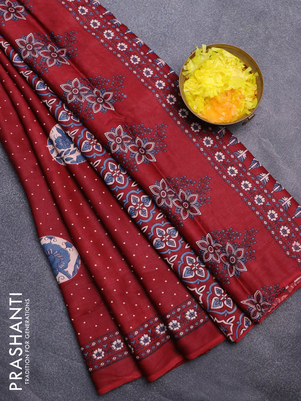 Modal silk saree maroon with allover prints and printed border