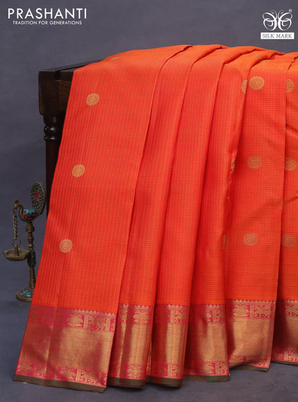 Pure kanchipuram silk saree orange and pink with allover small zari checks & annam buttas and zari woven border