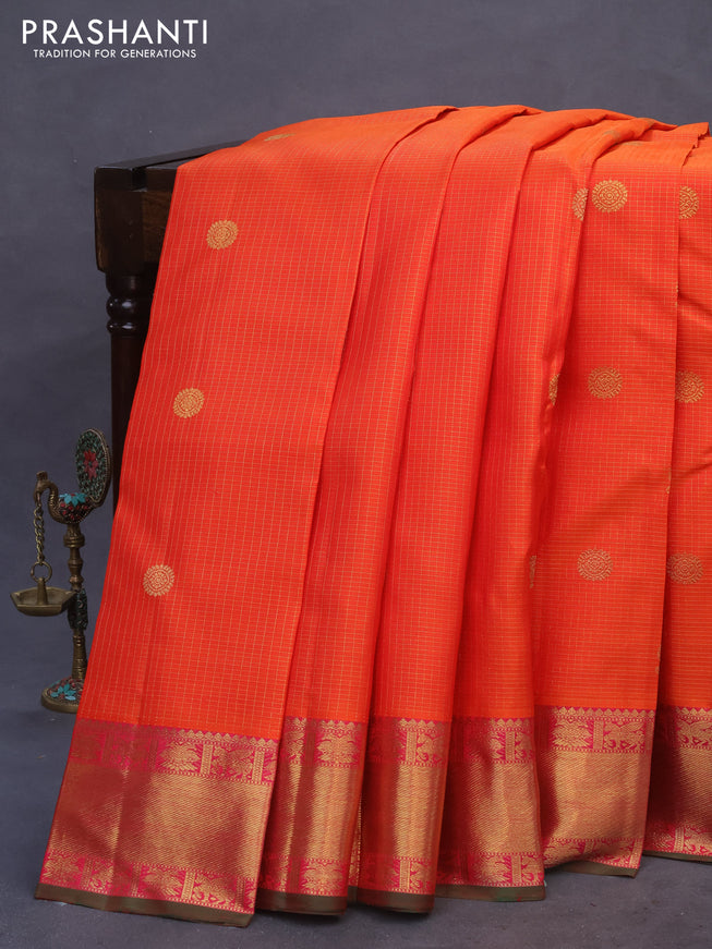 Pure kanchipuram silk saree orange and pink with allover small zari checks & annam buttas and zari woven border