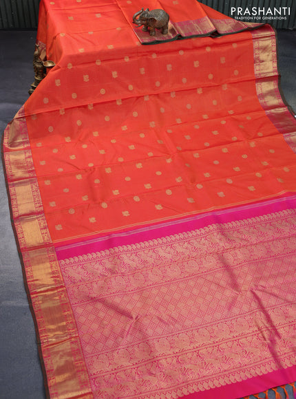 Pure kanchipuram silk saree orange and pink with allover small zari checks & annam buttas and zari woven border