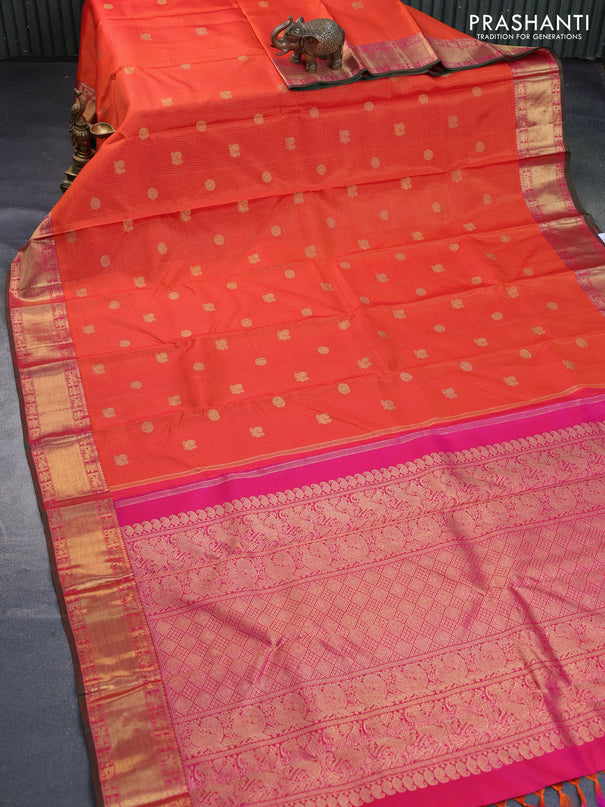 Pure kanchipuram silk saree orange and pink with allover small zari checks & annam buttas and zari woven border