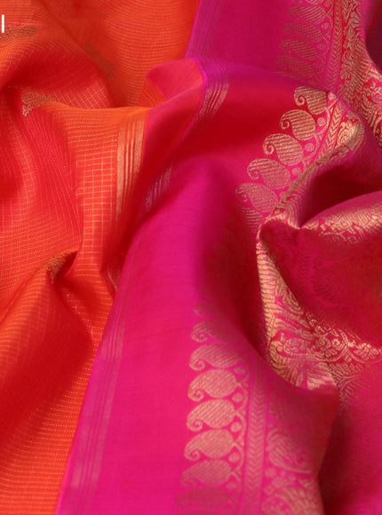 Pure kanchipuram silk saree orange and pink with allover small zari checks & annam buttas and zari woven border