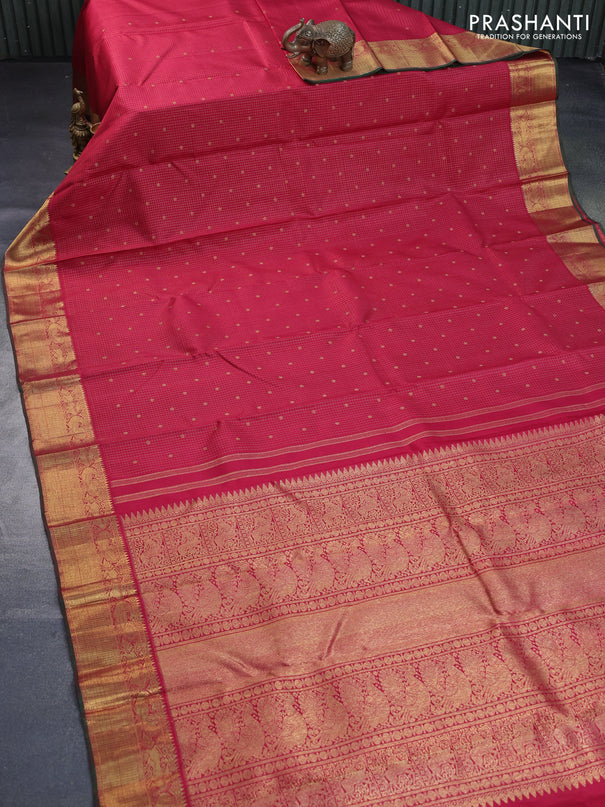 Pure kanchipuram silk saree maroon and dual shade of green with allover small zari checks & buttas and rich zari woven border