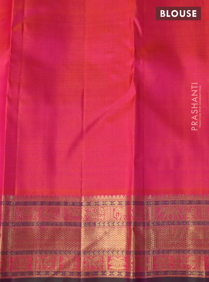 Pure kanchipuram silk saree dual shade of pinkish orange and dual shade of greenish purple with allover self emboss & zari buttas and rich zari woven border