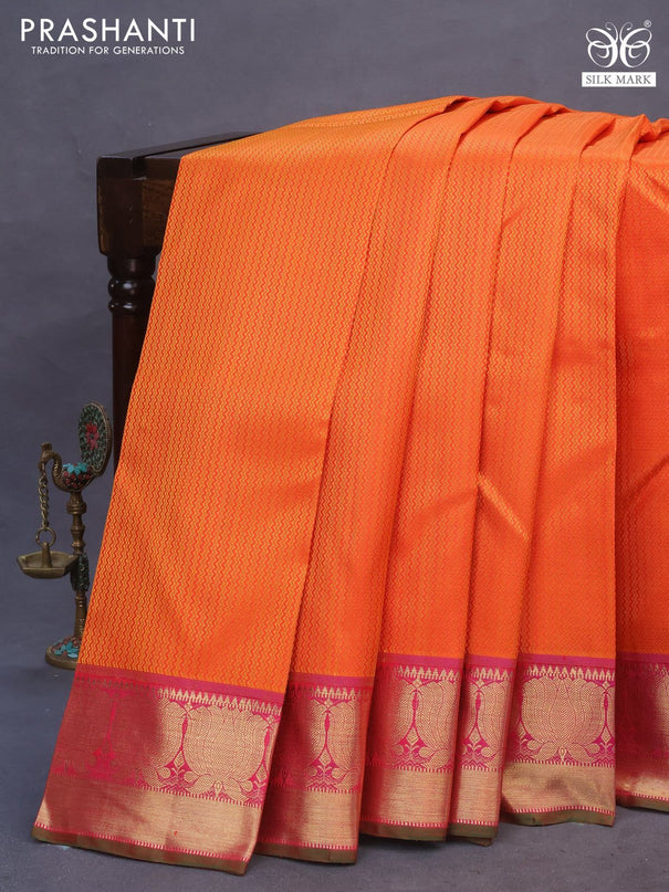 Pure kanchipuram silk saree orange and dual shade of pink with allover self emboss and rich zari woven border