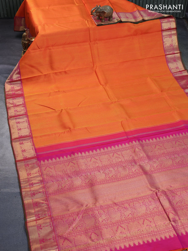 Pure kanchipuram silk saree orange and dual shade of pink with allover self emboss and rich zari woven border