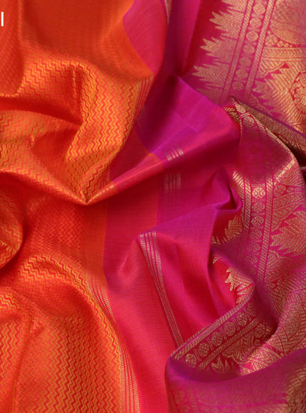 Pure kanchipuram silk saree orange and dual shade of pink with allover self emboss and rich zari woven border