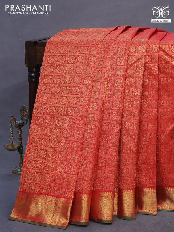 Pure kanchipuram silk saree maroon and dual shade of green with allover zari woven brocade weaves and zari woven border