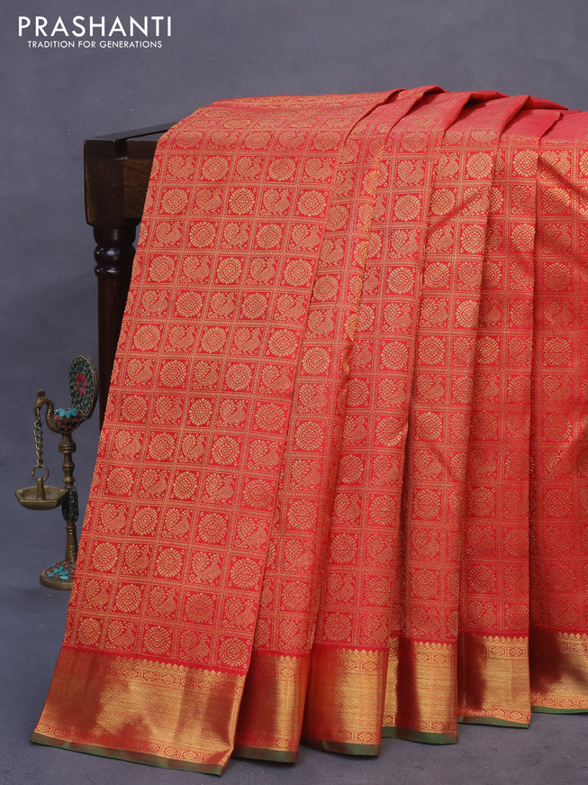 Pure kanchipuram silk saree maroon and dual shade of green with allover zari woven brocade weaves and zari woven border