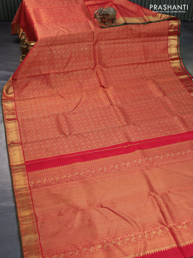 Pure kanchipuram silk saree maroon and dual shade of green with allover zari woven brocade weaves and zari woven border