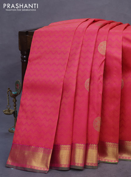 Pure kanchipuram silk saree pinkish orange and dual shade of green with allover self emboss & zari buttas and rich zari woven korvai border