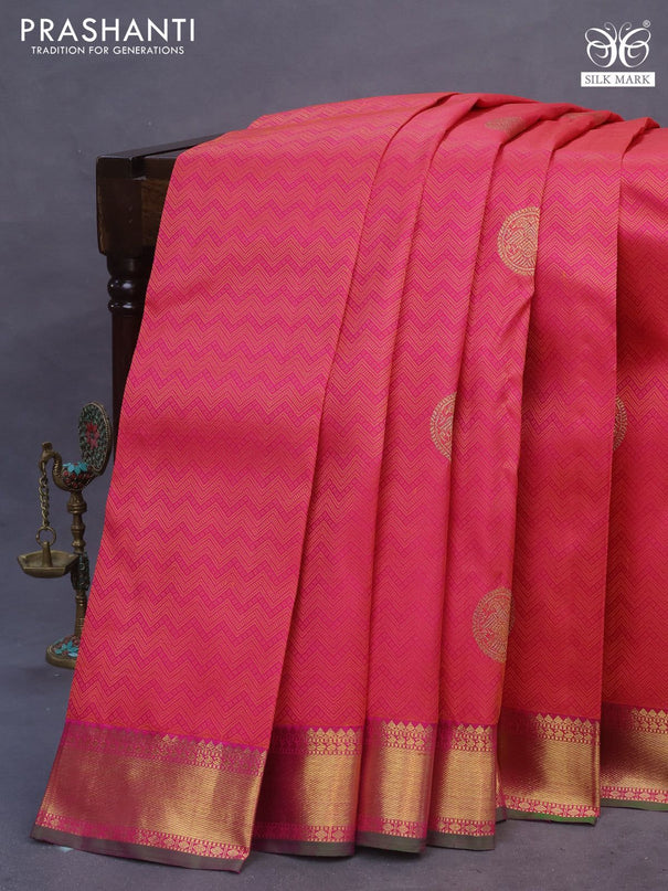 Pure kanchipuram silk saree pinkish orange and dual shade of green with allover self emboss & zari buttas and rich zari woven korvai border