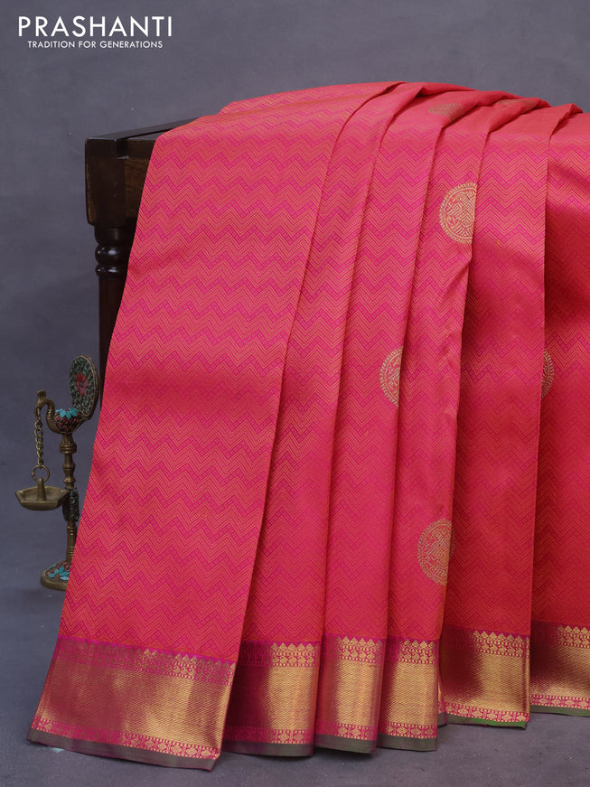 Pure kanchipuram silk saree pinkish orange and dual shade of green with allover self emboss & zari buttas and rich zari woven korvai border