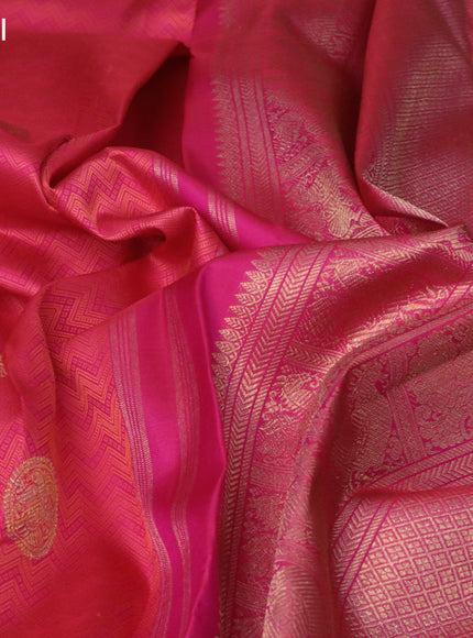 Pure kanchipuram silk saree pinkish orange and dual shade of green with allover self emboss & zari buttas and rich zari woven korvai border