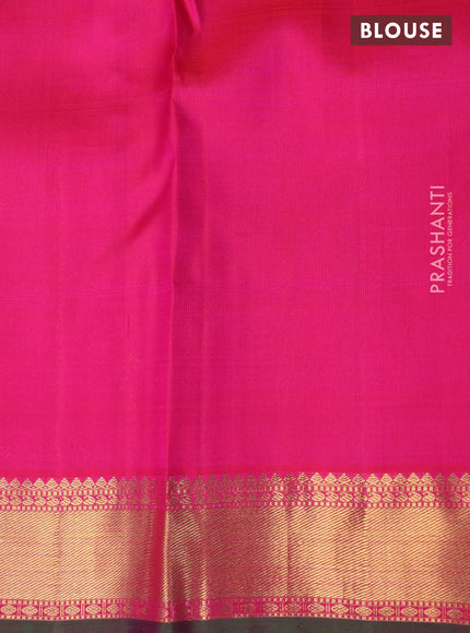 Pure kanchipuram silk saree pinkish orange and dual shade of green with allover self emboss & zari buttas and rich zari woven korvai border