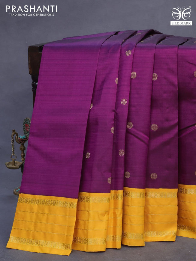 Pure kanchipuram silk saree purple and yellow with zari woven buttas and rich zari woven korvai border