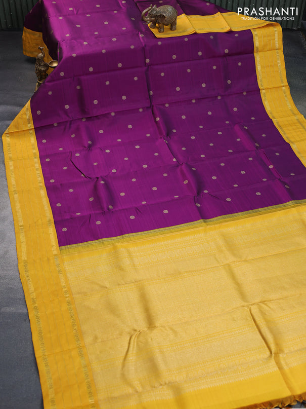 Pure kanchipuram silk saree purple and yellow with zari woven buttas and rich zari woven korvai border