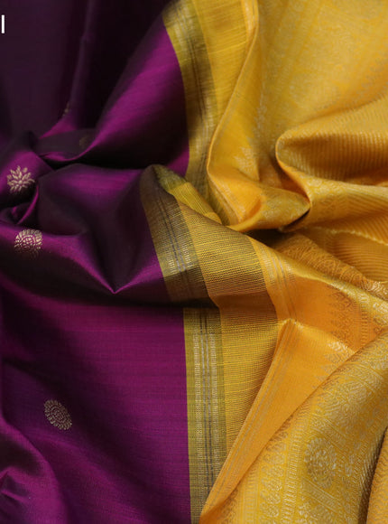 Pure kanchipuram silk saree purple and yellow with zari woven buttas and rich zari woven korvai border