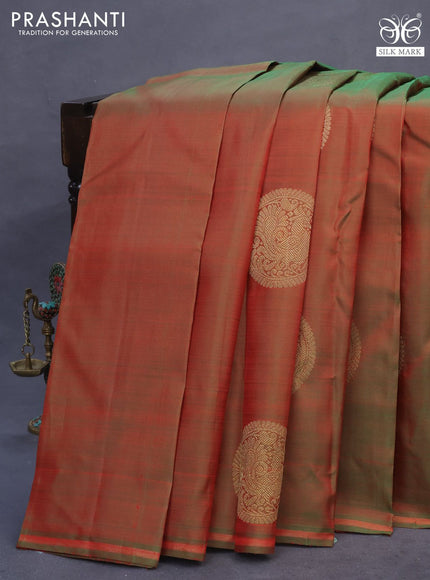 Pure kanchipuram silk saree manthulir green and red with annam zari woven buttas and zari woven piping border