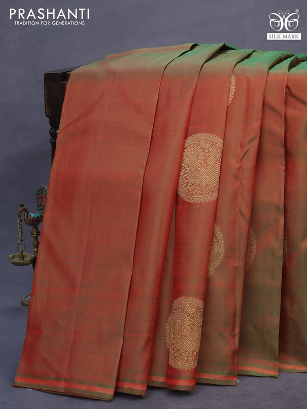 Pure kanchipuram silk saree manthulir green and red with annam zari woven buttas and zari woven piping border