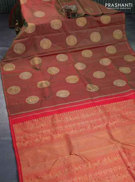 Pure kanchipuram silk saree manthulir green and red with annam zari woven buttas and zari woven piping border