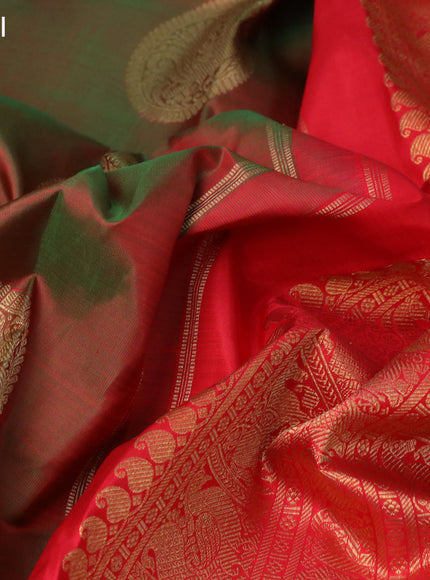 Pure kanchipuram silk saree manthulir green and red with annam zari woven buttas and zari woven piping border