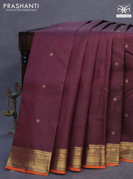 Pure kanchipuram silk saree wine shade and orange with allover small zari checks & buttas and rich zari woven border