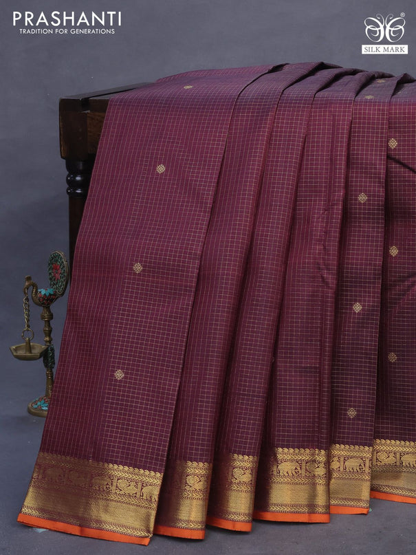 Pure kanchipuram silk saree wine shade and orange with allover small zari checks & buttas and rich zari woven border