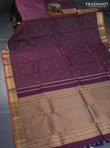 Pure kanchipuram silk saree wine shade and orange with allover small zari checks & buttas and rich zari woven border