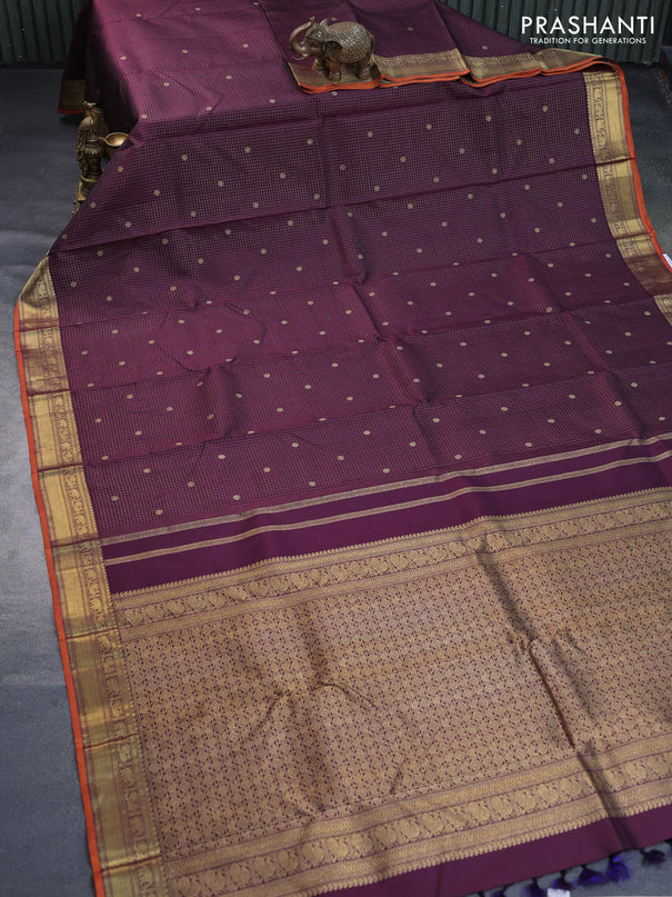 Pure kanchipuram silk saree wine shade and orange with allover small zari checks & buttas and rich zari woven border