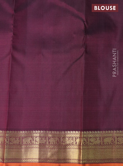 Pure kanchipuram silk saree wine shade and orange with allover small zari checks & buttas and rich zari woven border