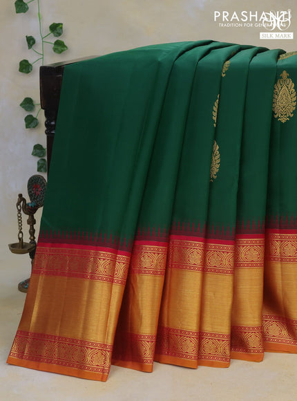 Pure kanchipuram silk saree green and magenta pink with zari woven buttas and temple design lomg rich zari woven border