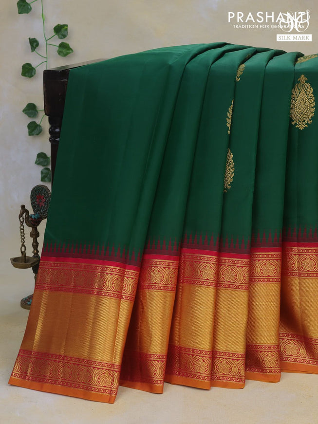 Pure kanchipuram silk saree green and magenta pink with zari woven buttas and temple design lomg rich zari woven border