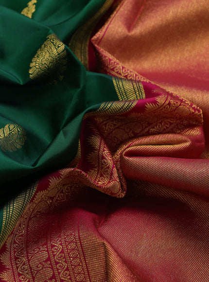 Pure kanchipuram silk saree green and magenta pink with zari woven buttas and temple design lomg rich zari woven border