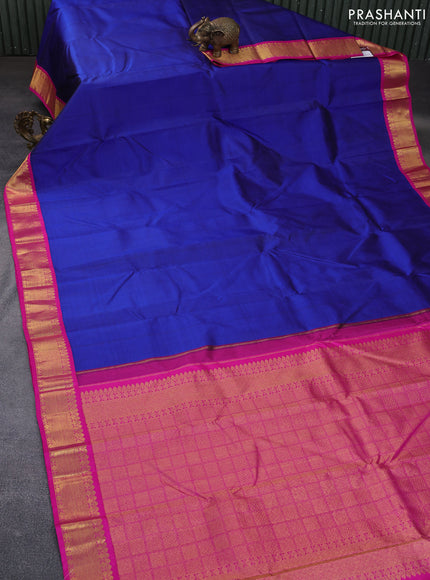 Pure kanchipuram silk saree blue and pink with plain body and zari woven korvai border