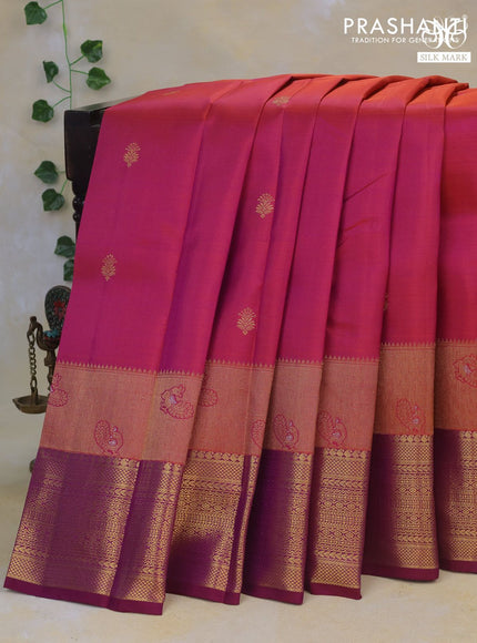 Pure kanchipuram silk saree dual shade of pink and purple with zari woven buttas and long rich zari woven border