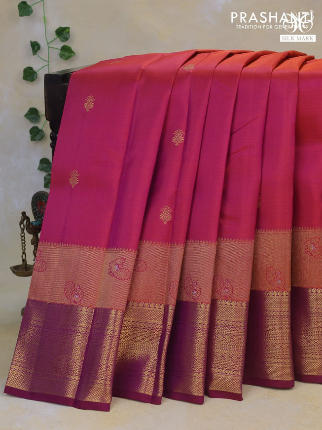 Pure kanchipuram silk saree dual shade of pink and purple with zari woven buttas and long rich zari woven border