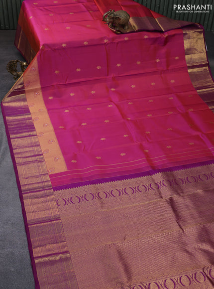 Pure kanchipuram silk saree dual shade of pink and purple with zari woven buttas and long rich zari woven border