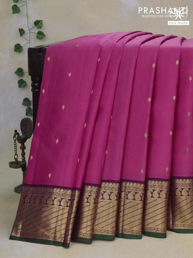 Pure kanchipuram silk saree pink and wine shade with zari woven buttas and paisley zari woven korvai border