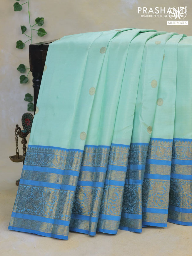 Pure kanchipuram silk saree teal shade and cs blue with rudhraksha zari woven buttas and long rich zari woven border