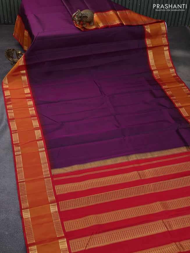 Pure kanchipuram silk saree wine shade and red with plain body and temple design rettapet zari woven border