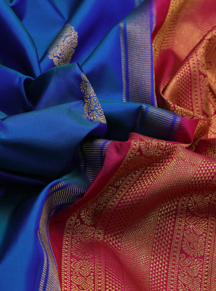 Pure kanchipuram silk saree dual shade of bluish green and pink with zari woven buttas and zari woven korvai border