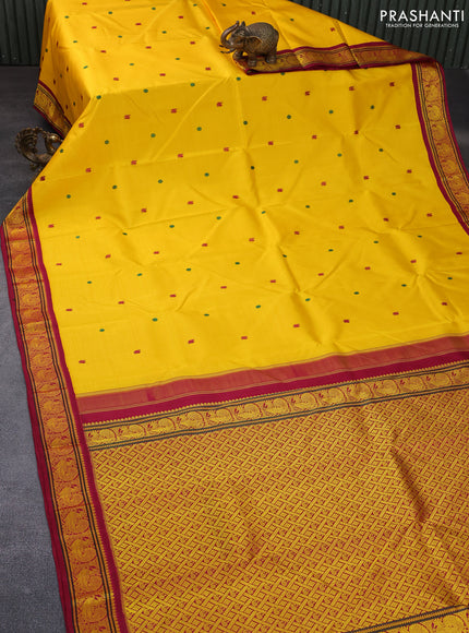 Pure kanchipuram silk saree yellow and maroon with thread woven buttas and annam thread woven korvai border