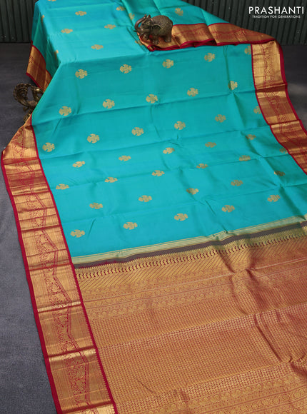 Pure kanchipuram silk saree teal blue and pink with zari woven buttas and rich zari woven korvai border