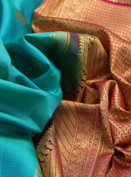 Pure kanchipuram silk saree teal blue and pink with zari woven buttas and rich zari woven korvai border