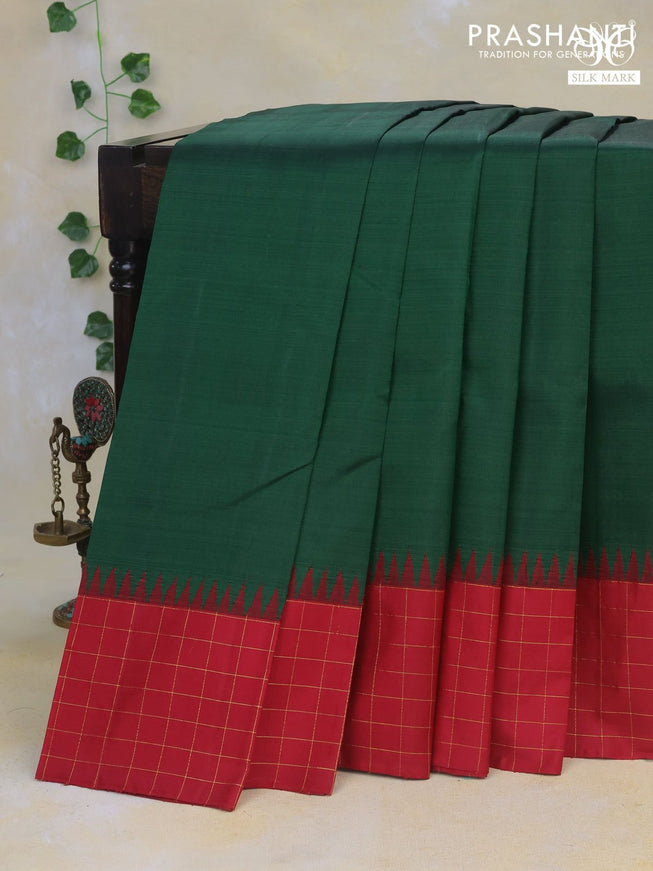 Pure kanchipuram silk saree dark green and maroon with plain body and temple design zari checked border