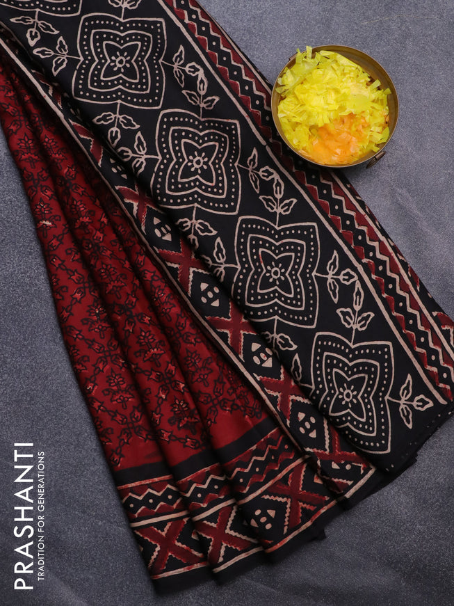 Modal silk saree maroon and black with allover prints and printed border