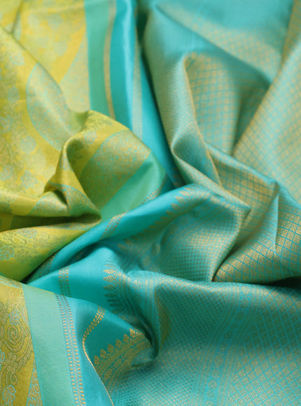 Pure kanchipuram tissue silk saree lime green and teal blue with allover zari brocade weaves and zari woven border